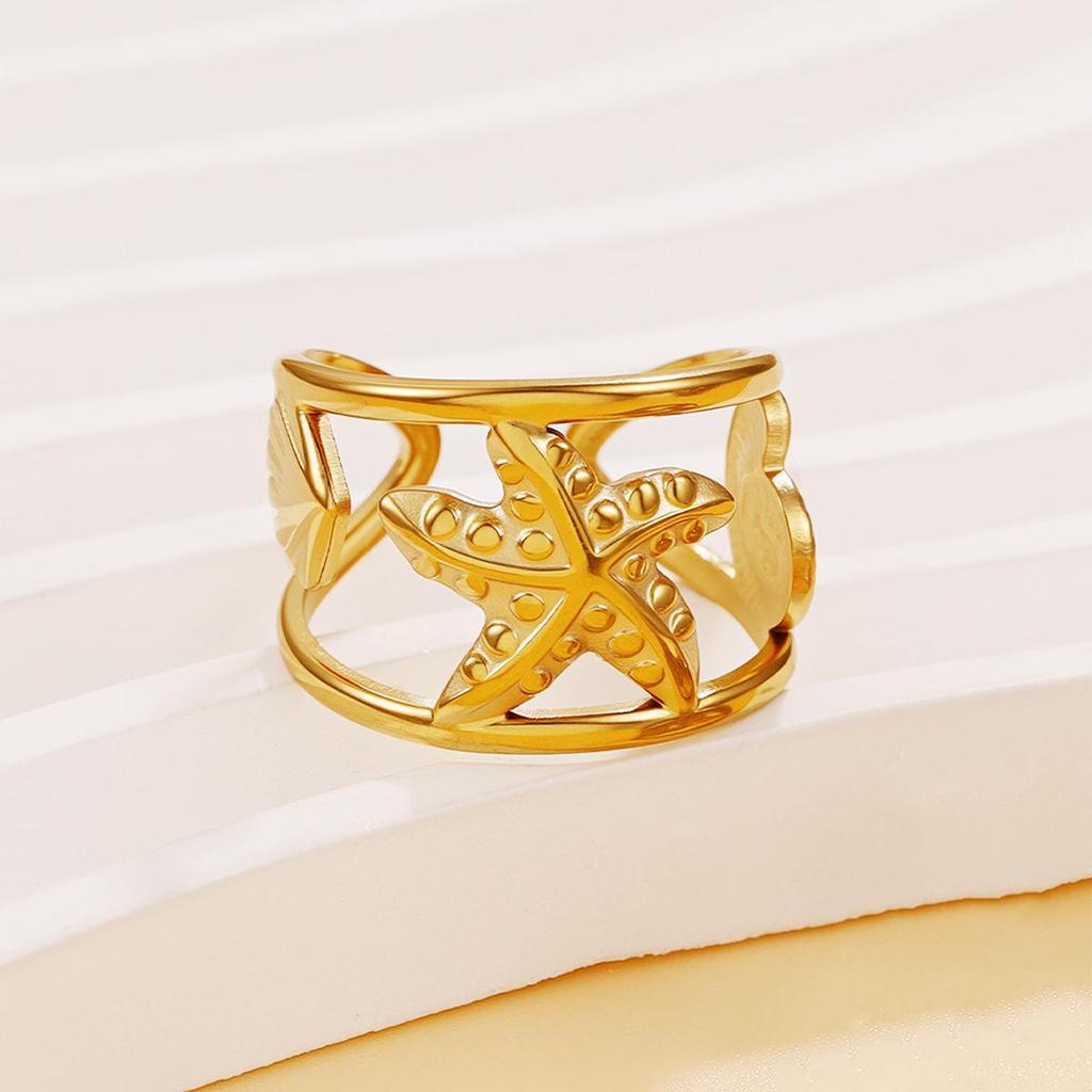 Fresh Ocean Resort Starfish & Shell Open Ring - Stainless Steel Jewelry for Women