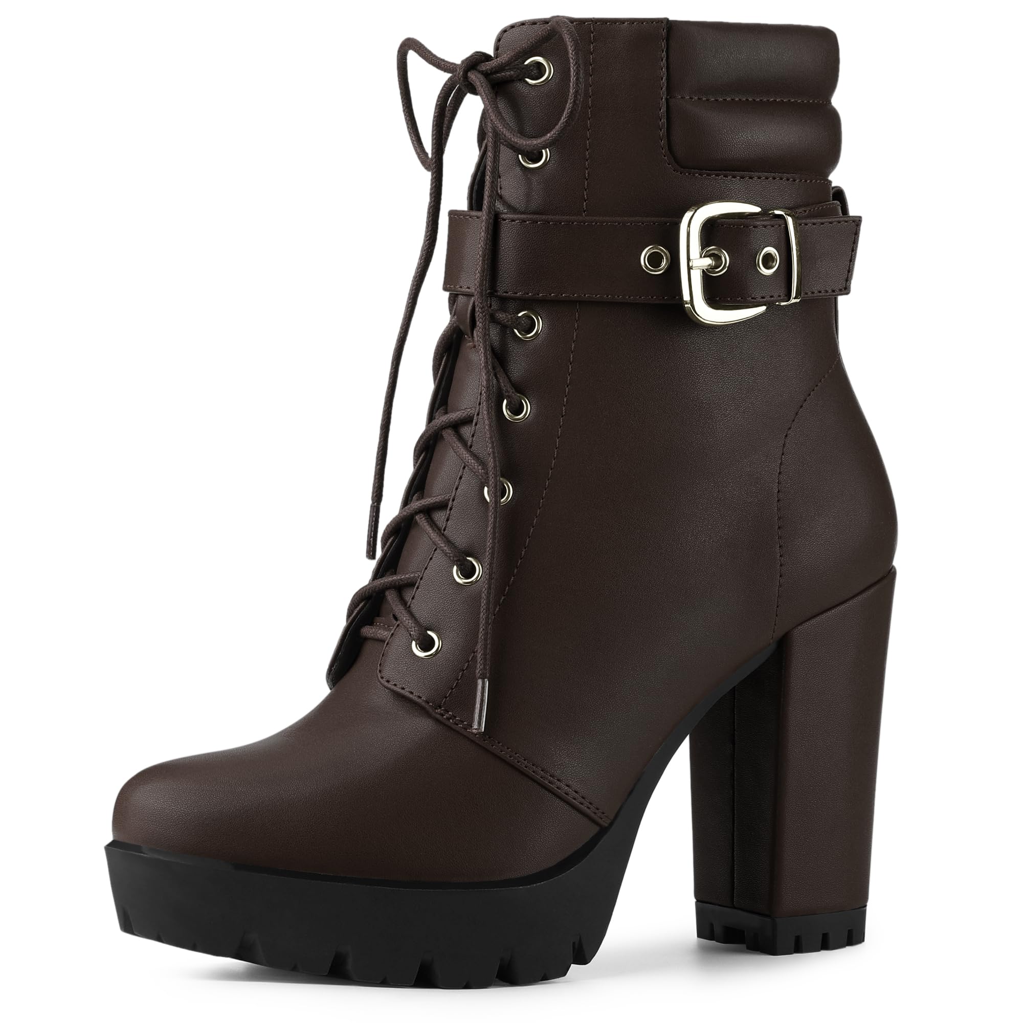 

Allegra K Buckle Lace-Up Ankle Boots with Platform Block Heels, Coffee, Size 24.5cm