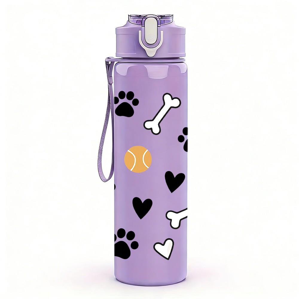 1PC Dog Paw Bone Pattern 750ml Color Plastic Sports Water Bottle Leakproof Flip Straw Lid Suitable for Sports Office Home Use