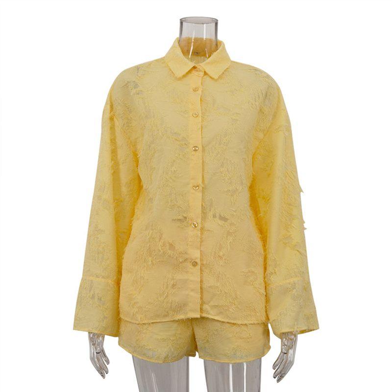 

2025 Spring and Autumn New Jacquard Casual Set Women Lapel Long sleeve Cardigan Top Lace-up Shorts Two-piece Set Yellow L