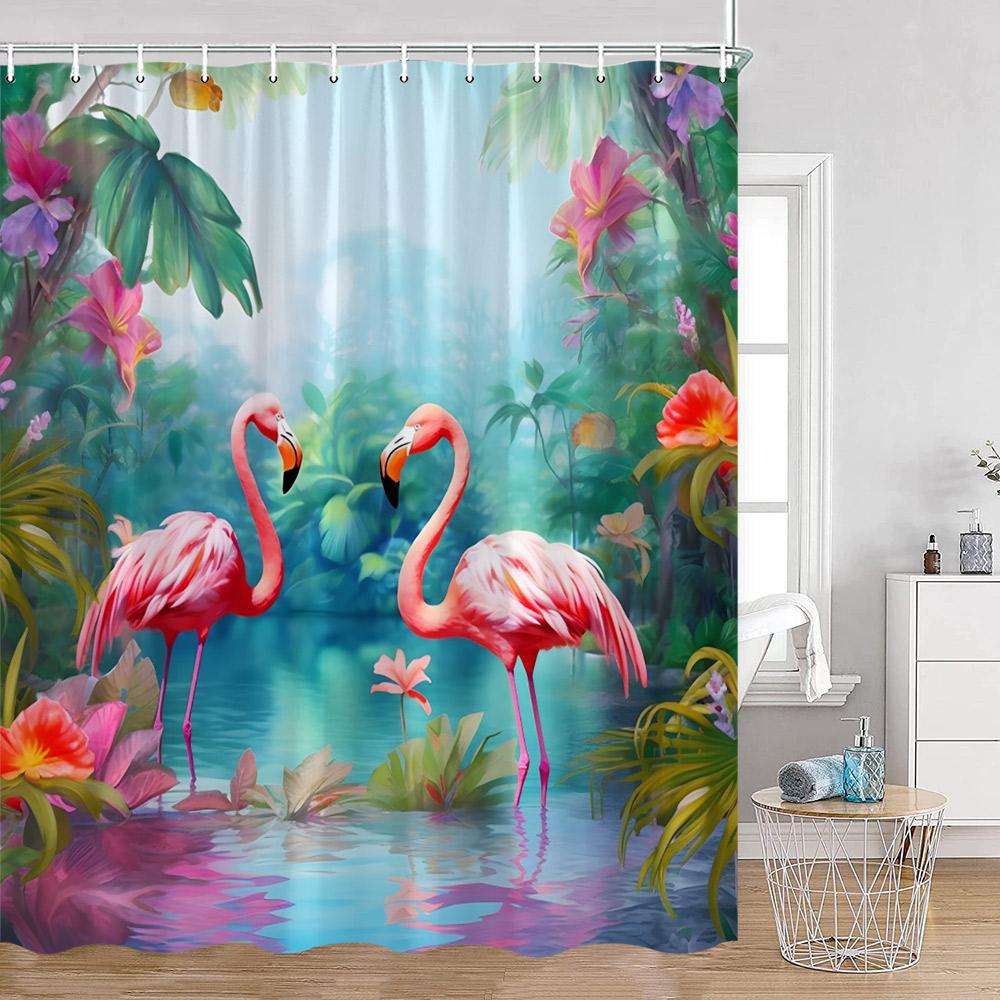 Flamingo Pink Birds Shower Curtains Tropical Palm Leaves Plants Jungle Nordic Bath Curtain Summer Vacation Fabric Bathroom Decor