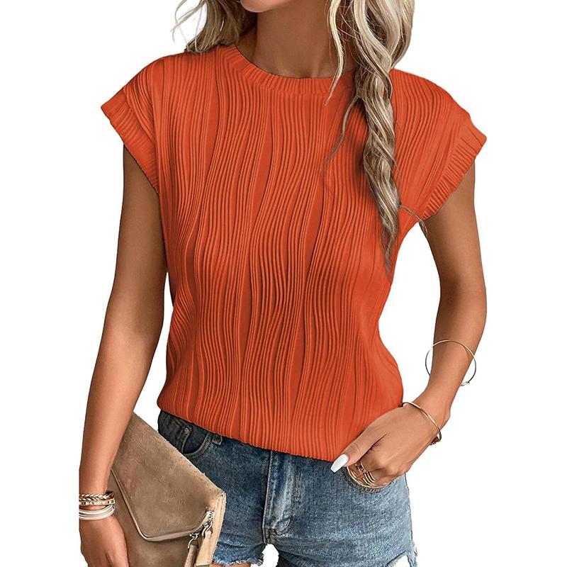 Crew Neck Short Sleeve for Women Summer Pleated Print Solid Short Sleeve Casual Fashion T-shirt Breathable Lightweight Comfortable Work Vacation Top