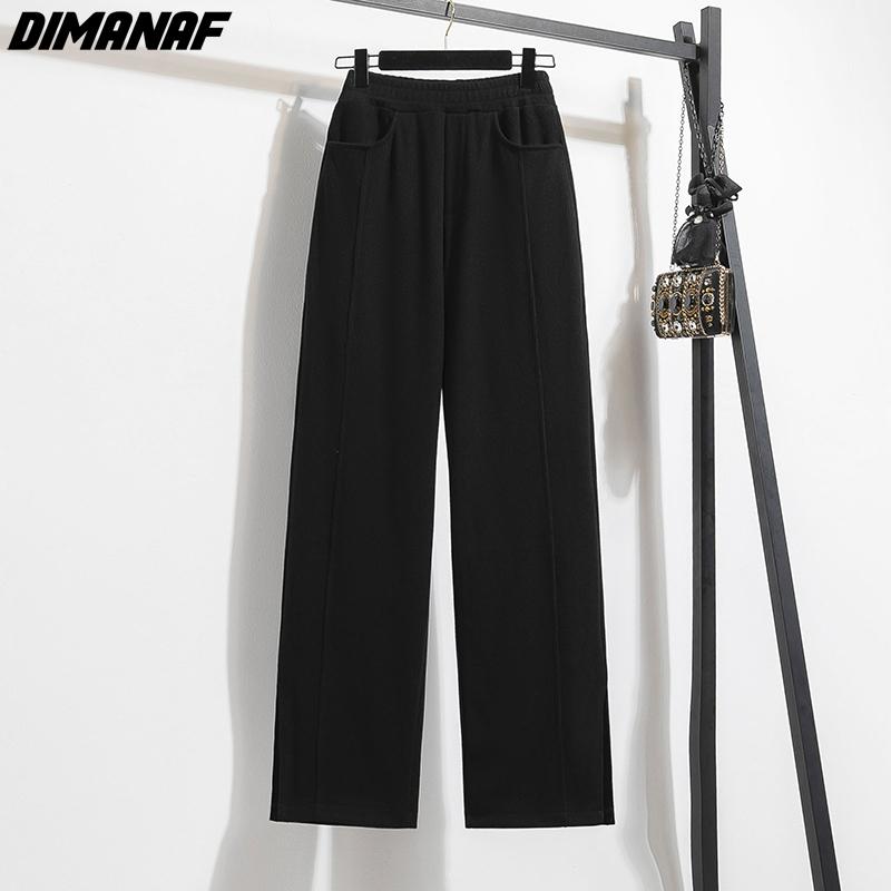 DIMANAF 2023 Plus Size Winter Lange Broek Vrouwen Elastisch Effen Casual Los Volle Lengte Basic Dame Broek Broek Katoen Dik A