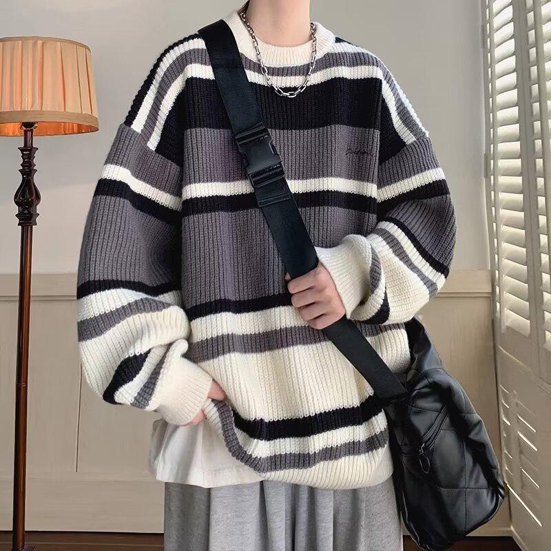 Tejido de punto a rayas retro japonés: Suéter holgado unisex de otoño/invierno