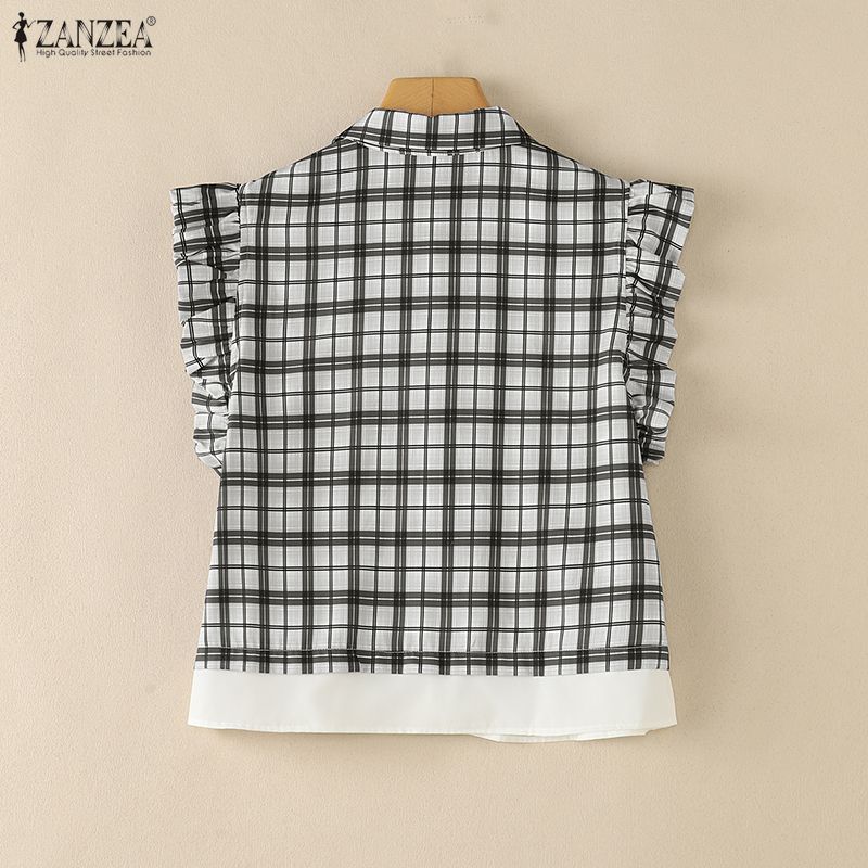 ZANZEA Women Casual Turn Down Collar Sleeveless Plaid Print Blouse