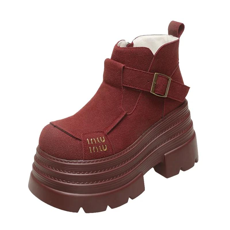 

10СМ Новые Зимние Женские Теплые Снежные Ботинки Уличные Плюшевые Ботильоны Противоскользящие Массивные Кожаные Кроссовки Слипоны Короткие Меховые Ботинки Женские 39 вино красного