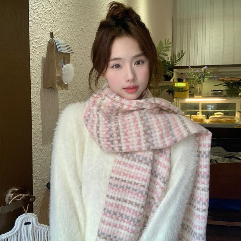 1pc 2025 Autumn And Winter New Scarf Women's Korean Style All-match Plaid Tassel Student Warm Neck Scarf