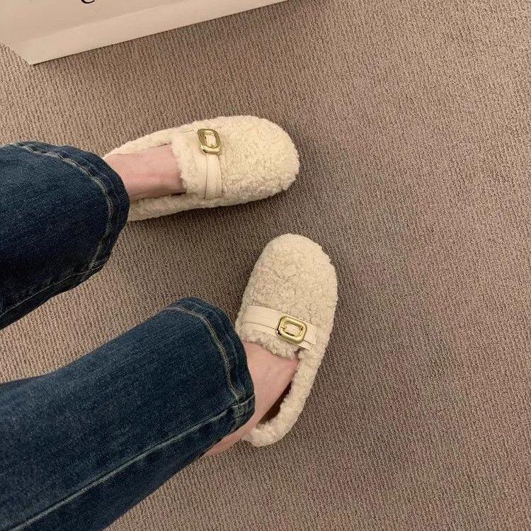2025 Korean Style Women's Fuzzy Slip-on Lambswool Loafers: Warm Fleece-lined Cotton Bean Shoes