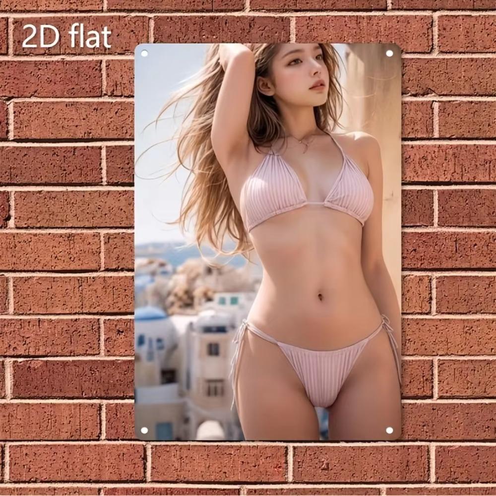 Sevilex Metallwandkunst, Griechische Insel Schild mit Bikini Frau Strand für Haus Bar Cafe
