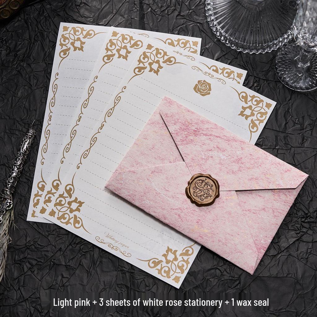 Gilded Envelope & Letter Paper Set - Embossed Texture, Straits Style, Handwritten Love Letters with Wax Seal for Valentine's Day