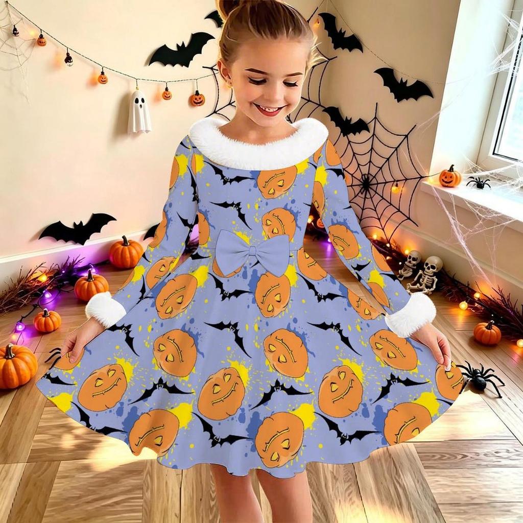 Kinder Langarm Weihnachtskleid, Halloween-Print Kunstpelzkragen Schleifen-Dekor Prinzessinnenkleider für Mädchen Feiertagsparty-Kleidung