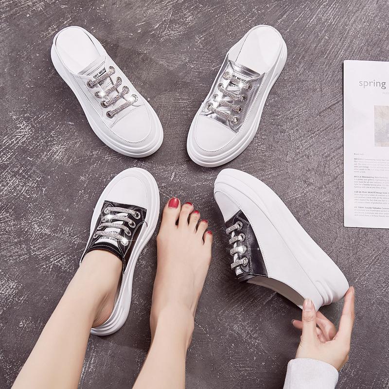 Baotou Leather Slippers Women's 2025 New Fashion Outer Wear Half Slippers Thick Sole Inner Height Increase Women's Shoes Women's Cool Slippers