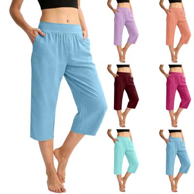 Dámske Elastické Vysoký Pás 3/4 Nohavice Bežný Strih Široké Capris Nohavice s Vreckami
