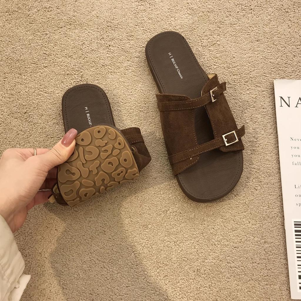 Fashion Vintage Flat Slippers French Women Summer Round Toe Open-toe Metal Buckle Vacation New Soft-soled Seaside Sandals