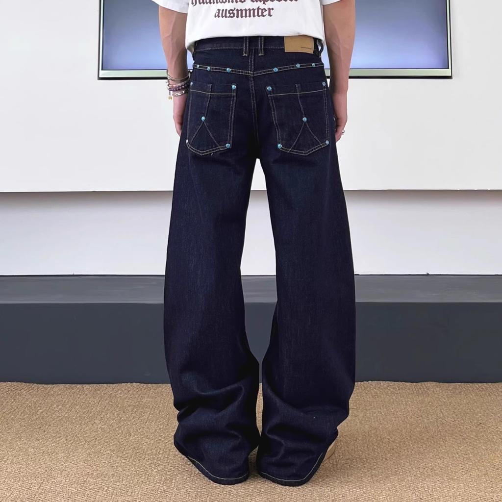 Unisex American Vintage Raw Denim Banana Wide Leg Jeans Turquoise Hardware Clean Fit Loose Straight Trousers S-3XL