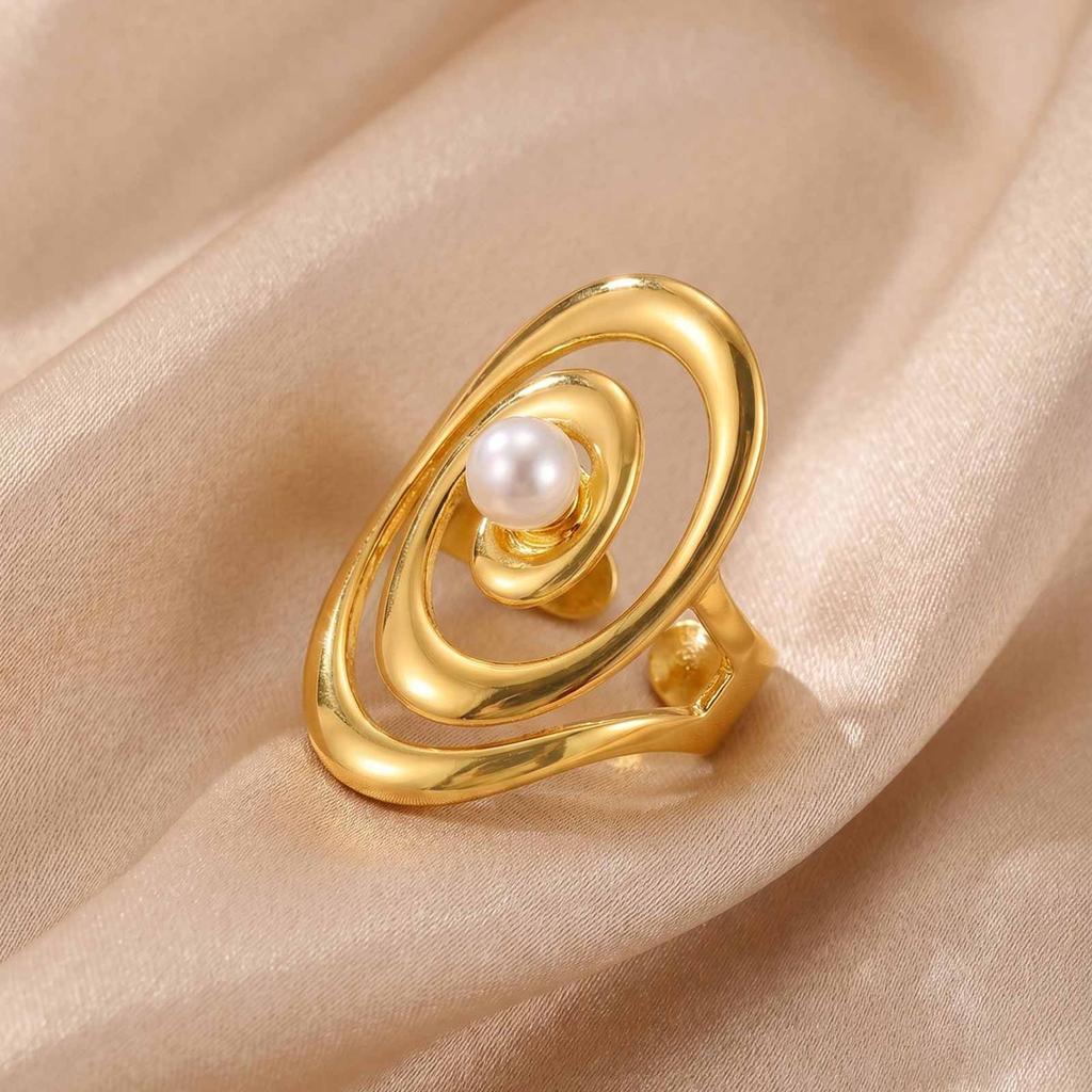 Luxury 18K Gold Plated Open Wrap Ring, Abstract Swirl Pearl Adjustable Minimalist Stainless Steel Jewelry Gift for Women