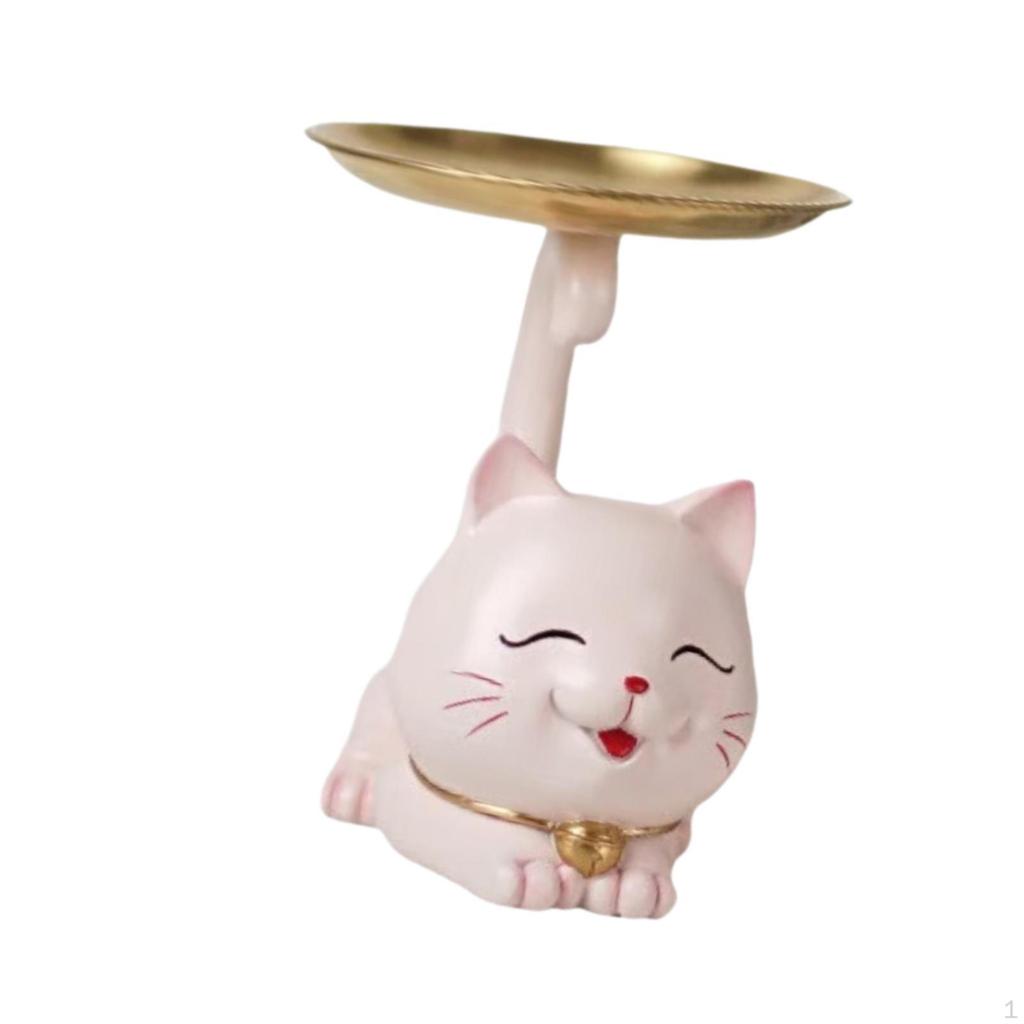 Cartoon Cat Statue Organizer Tray Animal Sculpture Fine Workmanship Resin Kitten Figurine Desk