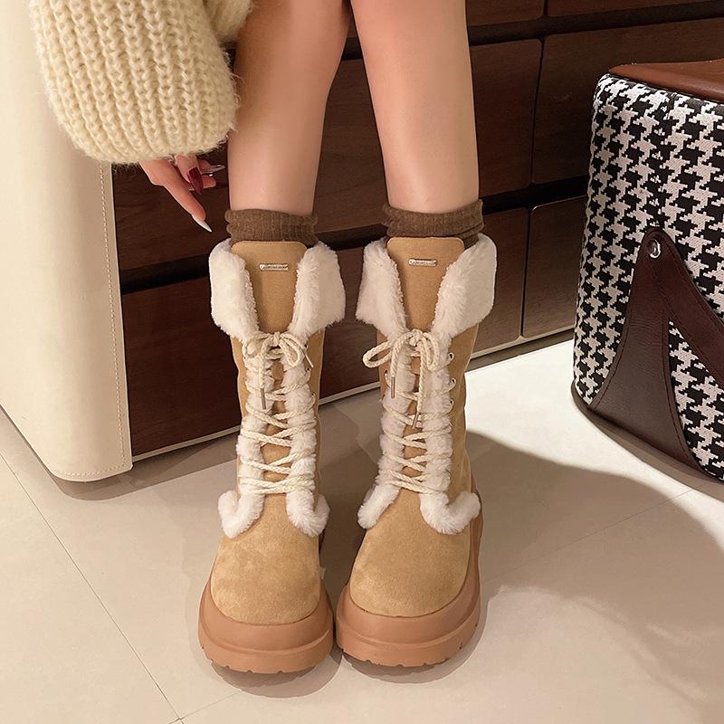 Snow boots lace-up boots women's 2024 winter new boots fluffy snow cotton thick-soled velvet thermal cotton shoes
