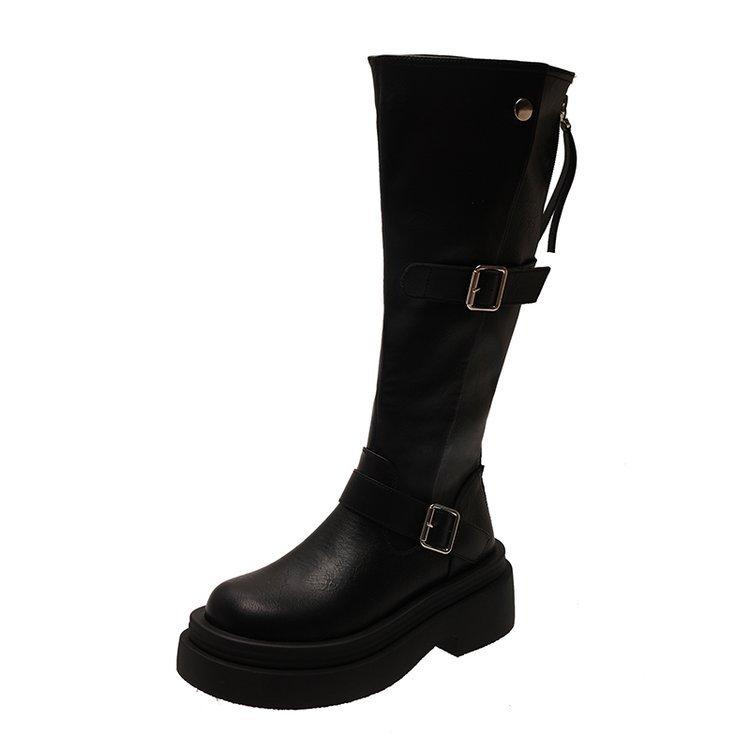 Retro round head belt buckle knight boots autumn and winter velvet brown platform boots British versatile handsome medium boots