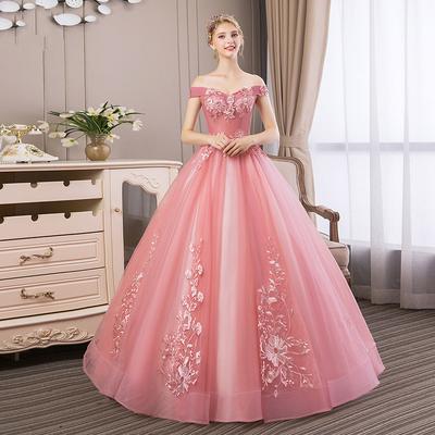 Νέα Quinceanera Φορέματα Γλυκό ροζ δαντέλα με λουλούδια με χάντρες επίσημο φόρεμα για πάρτι μέχρι το πάτωμα