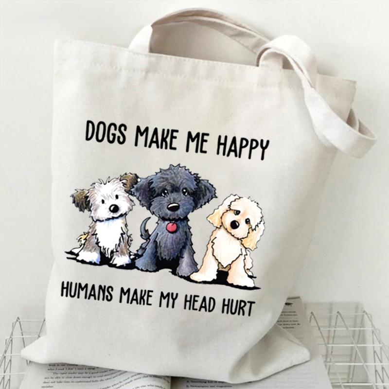 Cartoon Beagle Dog Print Canvas Tote Bag Fashion Animal Shoulder Shopping Bag for Men Women Teens
