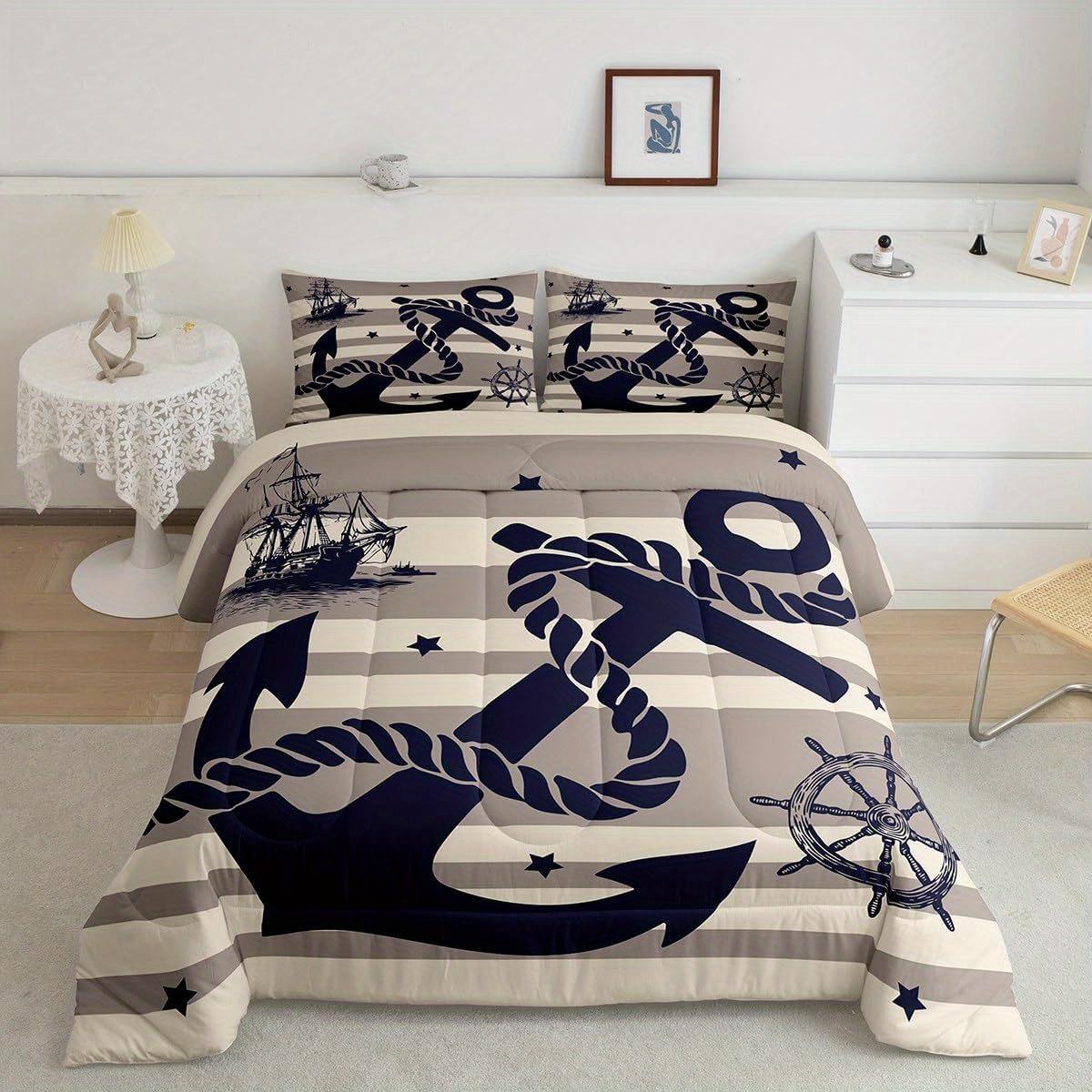 

2/3Pcs Nautical Anchor Sailboat Comforter Set, Grey Yellow Ocean Theme Bedding with Pillowcases, All Season Soft Warm Room Decor EU Twin(135x200cm)