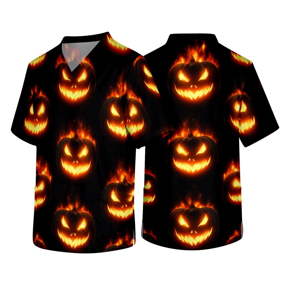 Men's Halloween Print V Neck Medical Scrub Top with Chest Pocket Short Sleeve Lightweight Comfortable Work Shirt for Healthcare Professionals