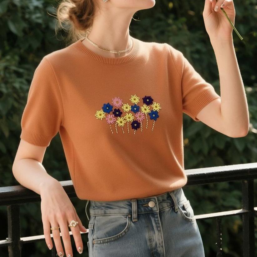 FALINDA STUDIO Summer Crew Neck Short Sleeve Flower Loose Fashion Versatile Commuter Knitted T-Shirt Top