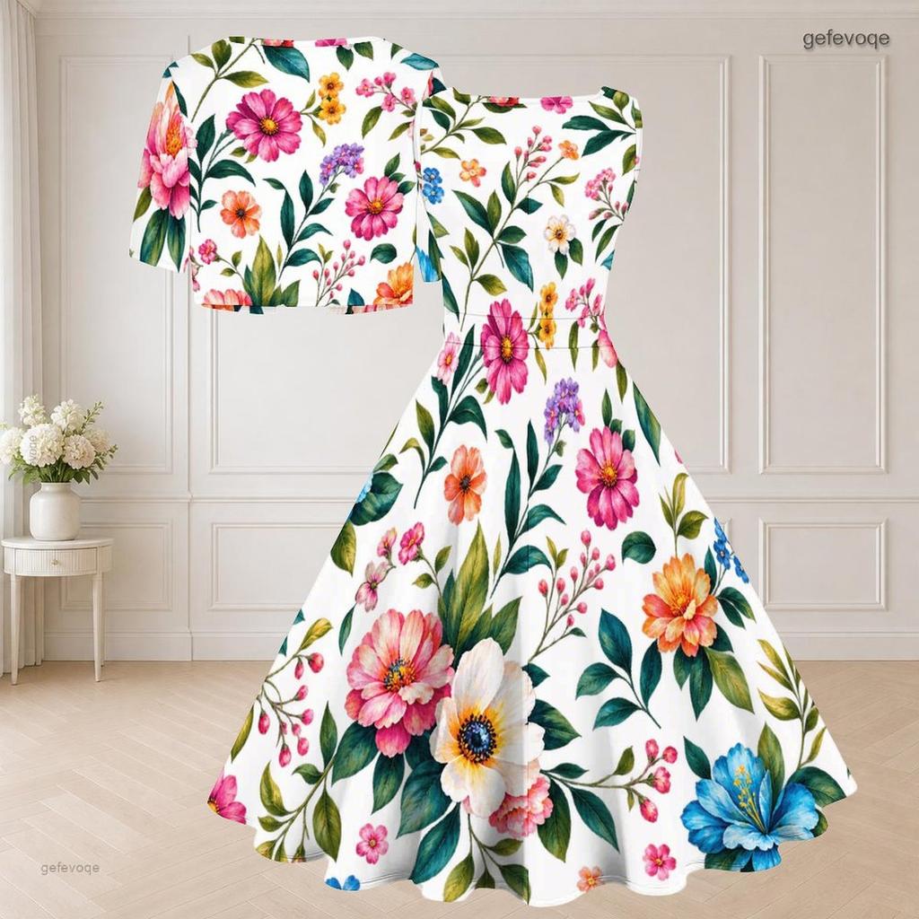 Women Plus Size Floral Printed Two Piece Set Square Neck Sleeveless Tie Waist Flared Dress Short Sleeve Cropped Shrug