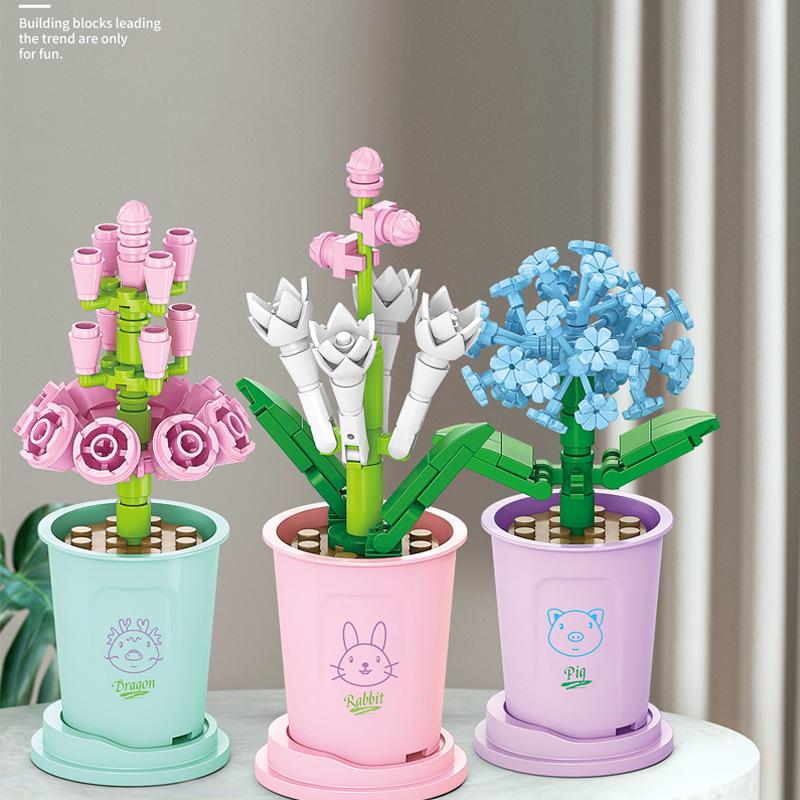 12 Styles Milk Tea Cup Building Blocks Flower Bouquet Potted DIY Bricks Creative Design Decor Toys