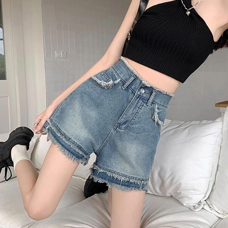 

Сладкие и пикантные женские ретро джинсовые А-силуэта шорты с высокой талией - Летние тонкие, больших размеров, с бахромой, широкие штанины XS синий