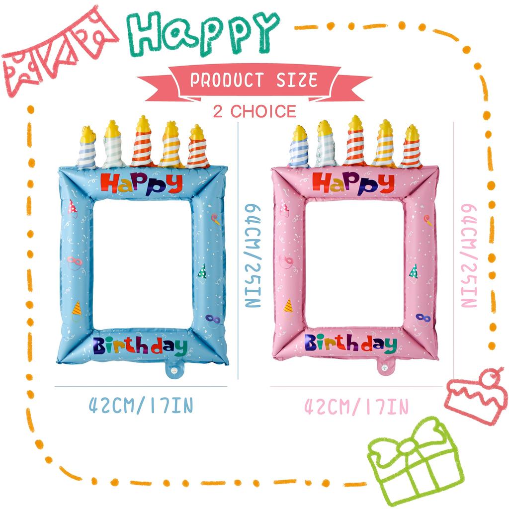 1pc Pink Blue Inflatable Photo Frame Balloons Party Photo Booth Props with Happy Birthday Messages and Candle Designs