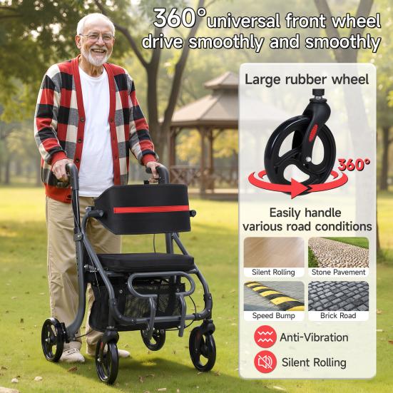 Walkers for Seniors, 8" Big Rubber Wheels All Road Rollator Walker with Seat, Foldable Height Adjustable Rolling Walker, Lightweight Aluminum Alloy