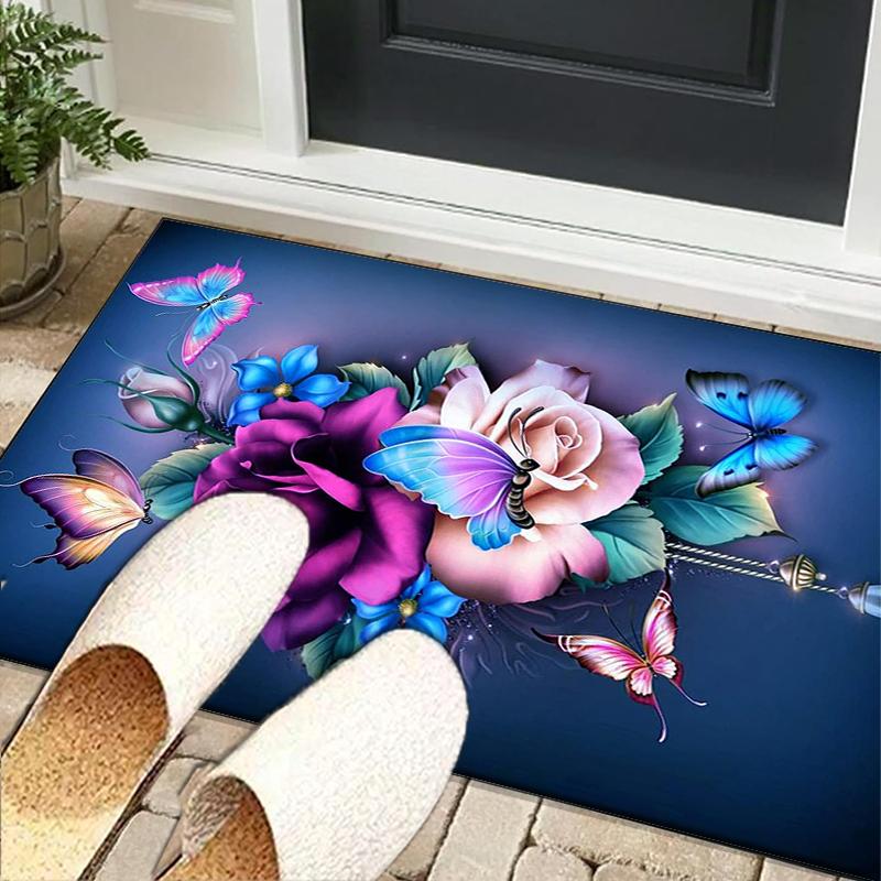 Blue Roses And Butterflies Office Rug Chair Mat, Entryway Carpet, Suitable for Front Door, Bedroom, Living Room, Desk, Holiday Gift