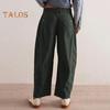 Women Corduroy Pants Elastic Waist Mid-rise Button Zipper Fly Wide Leg Casual Trousers with Pockets Solid Color Slacks