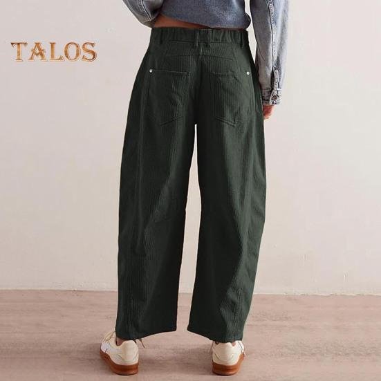 Women Corduroy Pants Elastic Waist Mid-rise Button Zipper Fly Wide Leg Casual Trousers with Pockets Solid Color Slacks
