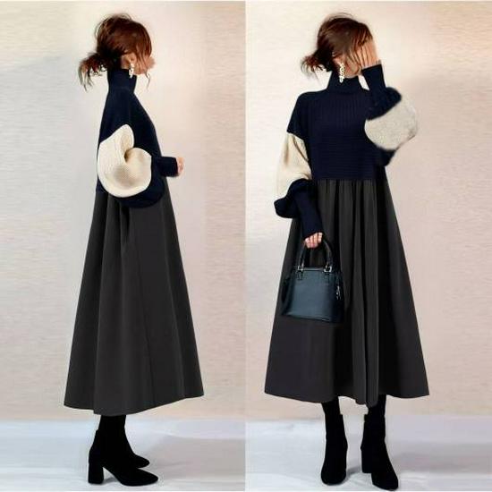 

Japanese-Korean High Neck Color Block Knit Patchwork Long Dress - Autumn 2026 Collection Medium