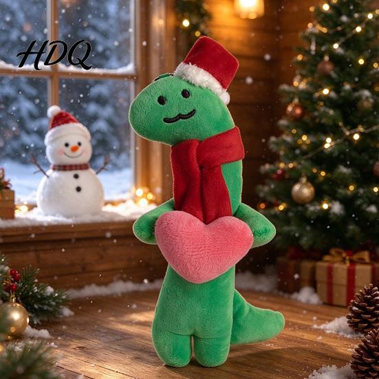 Green Red Plush Figurine Cute Christmas Dinosaur Doll Mini Stuffed Dino Toy with Santa Hat Decorative Accent for Windows & Scarf Soft Animal Holiday