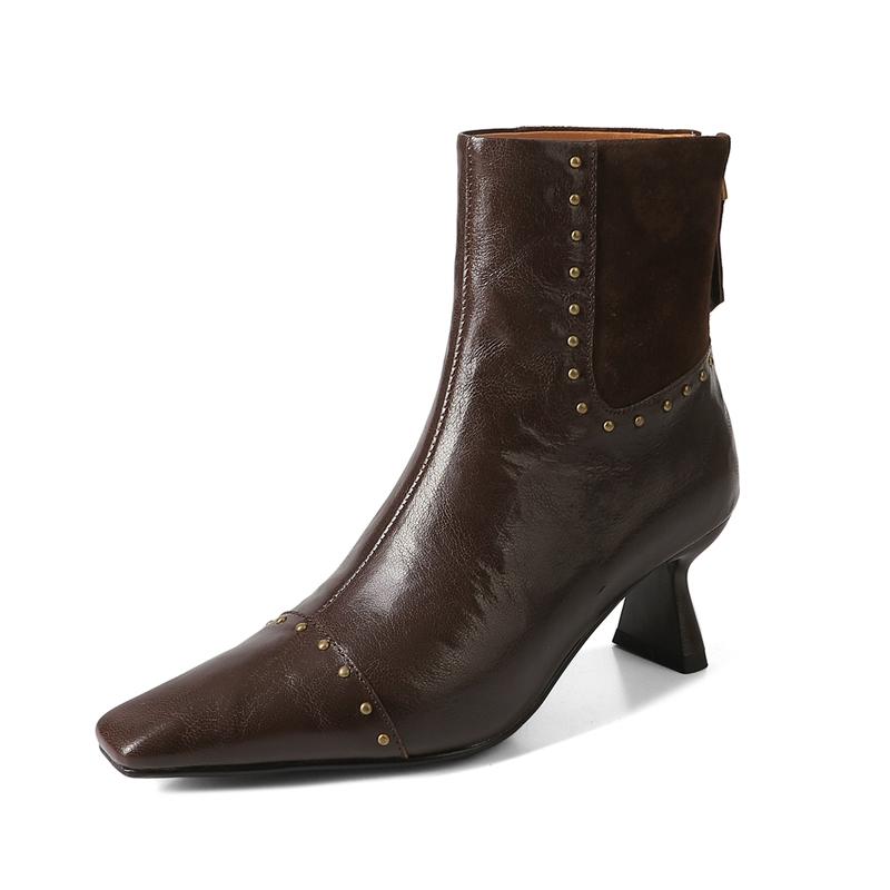 Fashion Women's new autumn and winter pointed leather sheepskin metal rivet high-heeled plus size and calf zipper fashion short boots