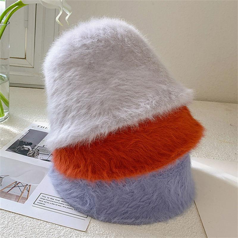 Winter Women's Fashion Solid Color Rabbit Fur Hat Bucket Hat Fisherman Hat Outdoor Warm Basin Hat Ladies Panama Bucket Hat