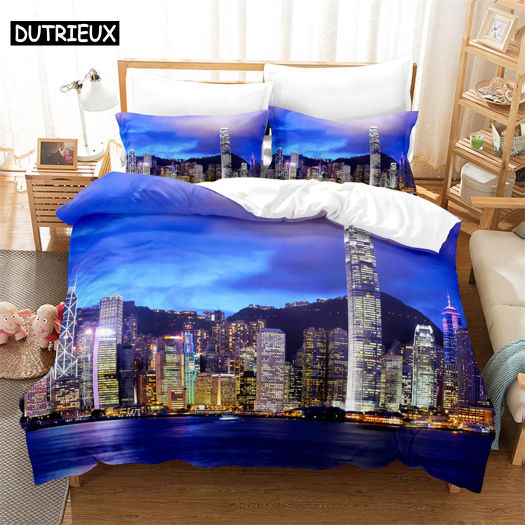 3D Digital Printing Fashion Design City Night Scene Beding Set, Quen Sized Dimensions Soft with Soft Fabric Duvet Cover Set