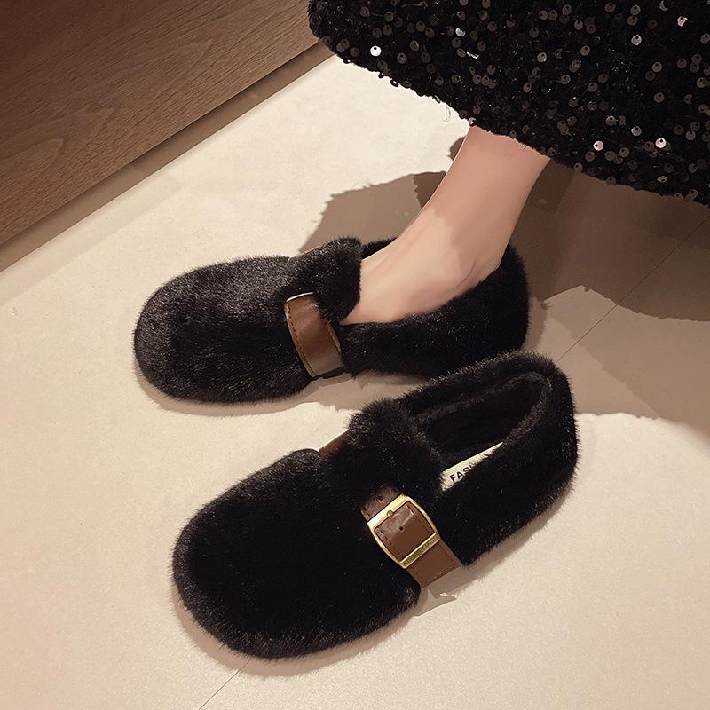 French Fluffy Shoes for Women's Outer Wear 2025 Autumn and Winter New One-pedal Plush Mary Jane Doudou Single Shoes Cotton Shoes