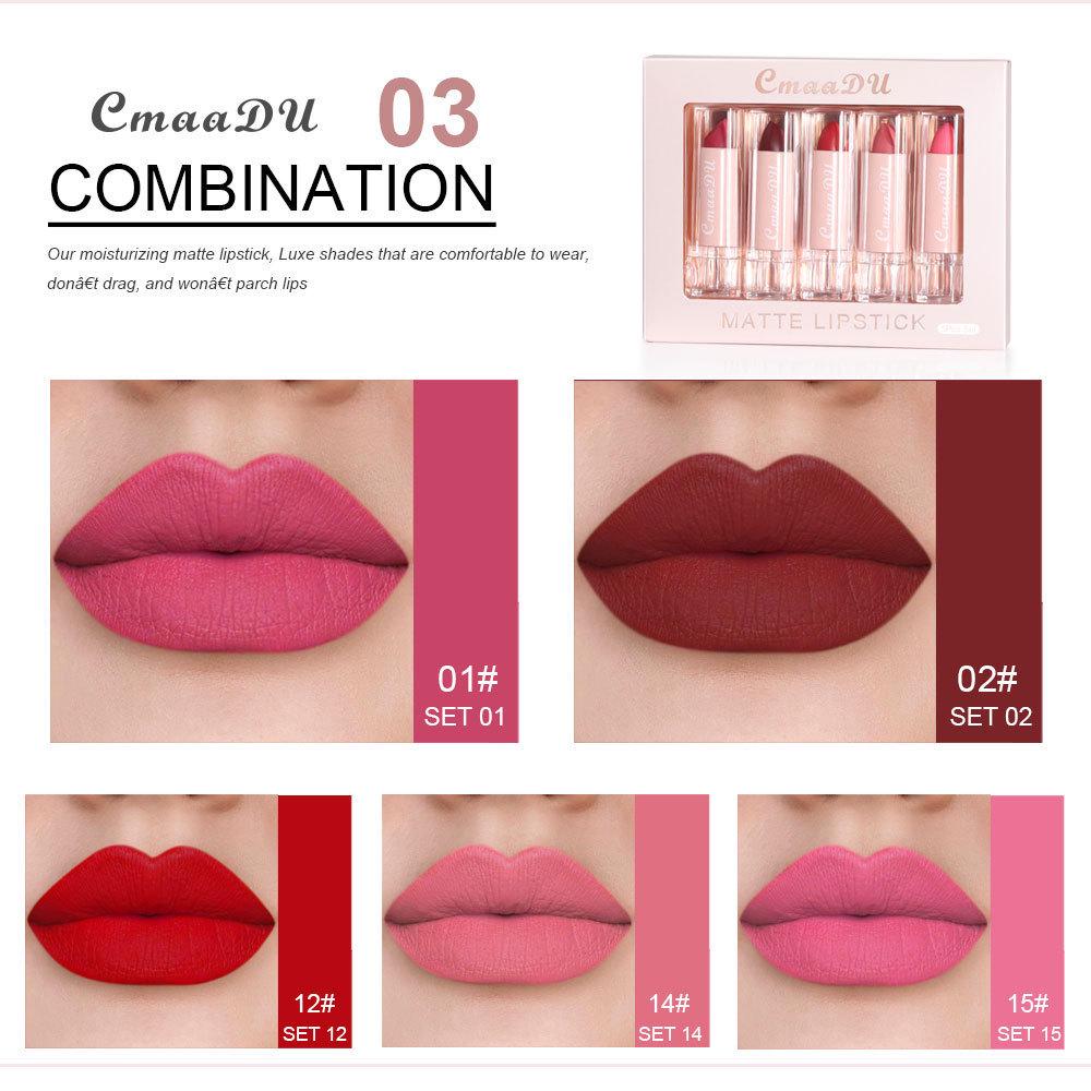 CmaaDu Velvet Matte Lipstick Set: 5-Piece True Red Moisturizing Gloss for European & American Makeup.