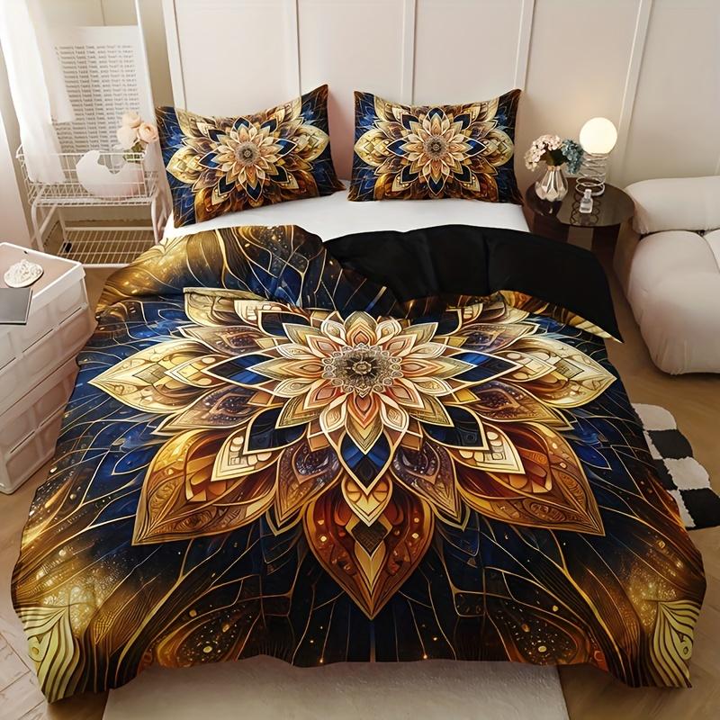 Golden Mandala Floral 3-Piece Duvet Cover Set with 2 Pillowcases - Breathable Polyester, All-Season Amazing Theme Floral