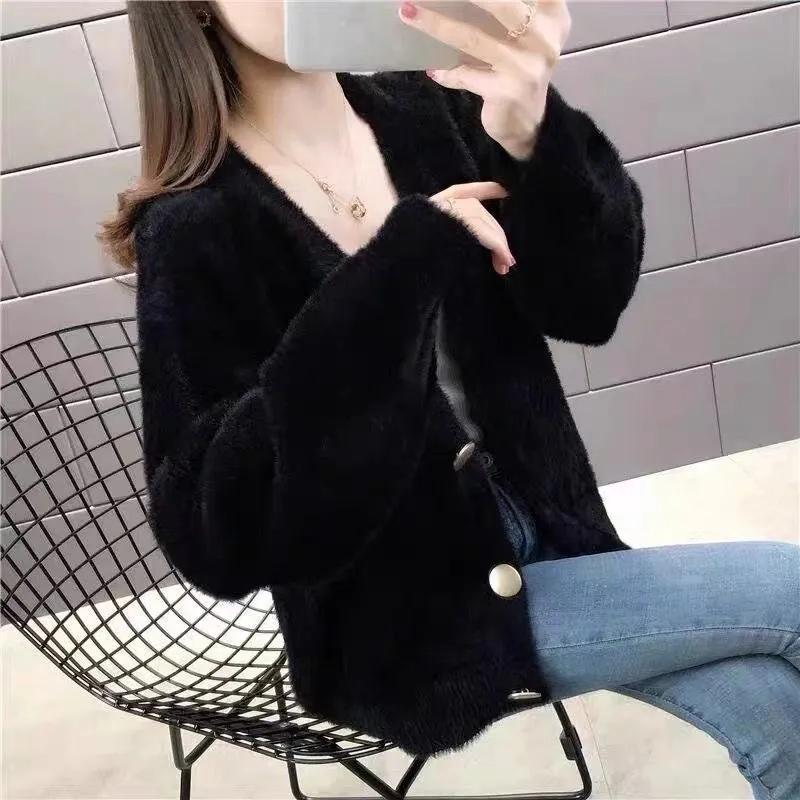 Women's Spring Autumn Korean Style Loose Knitted Cardigan Coat V-neck Outwear Sweater