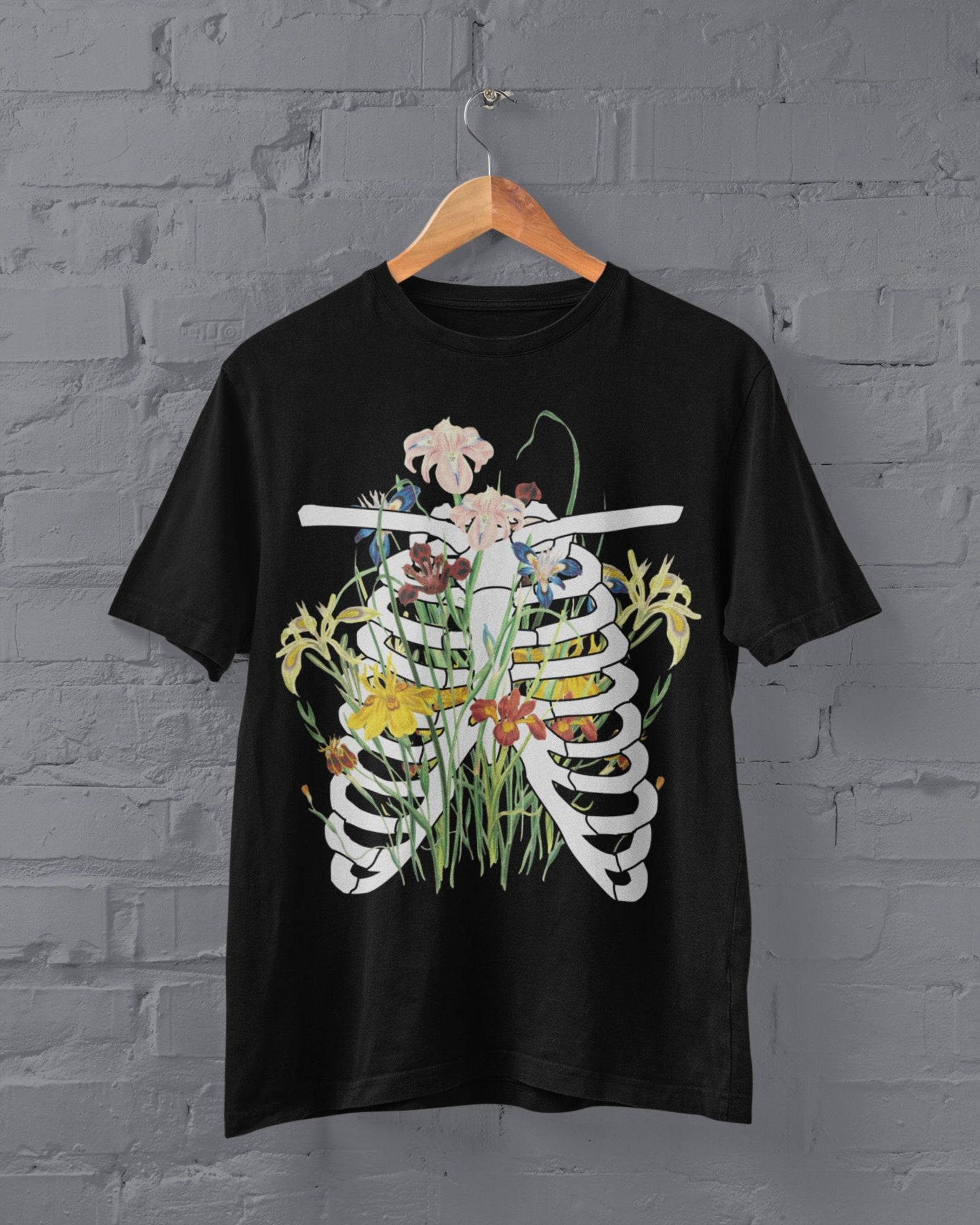 Skeleton Shirt,Pastel Goth Clothing,Grunge Ribs Shirt,Wildflowers TShirt,Goth Grunge Clothing,Alt Goth,Dark Academia,Y2k Clothing,Goblincore L