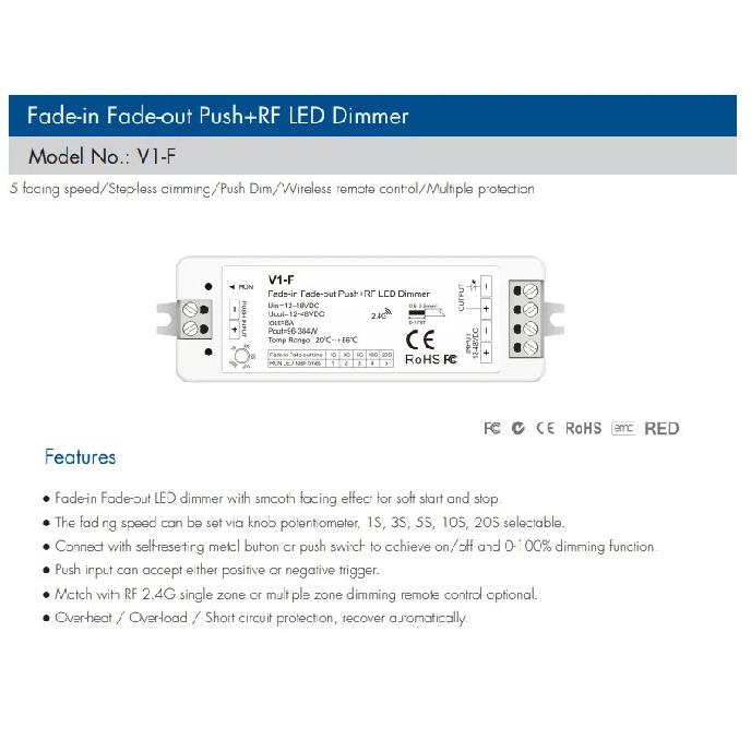2.4G RF LED CV Dimmer V1-F Bas-Kapat 1 Kanallı*8A DC12-48V Yavaş Giriş Yavaş Çıkış 5 Tür Karartma Hızı Tek Renkli Şerit Işık İçin
