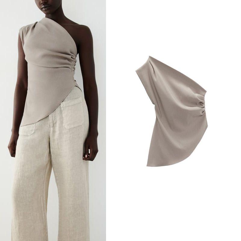 Spring New Arrival Waist-Tight Slim Looking Asymmetrical off-the-Shoulder Ruched Decoration Asymmetric Tops 0085402