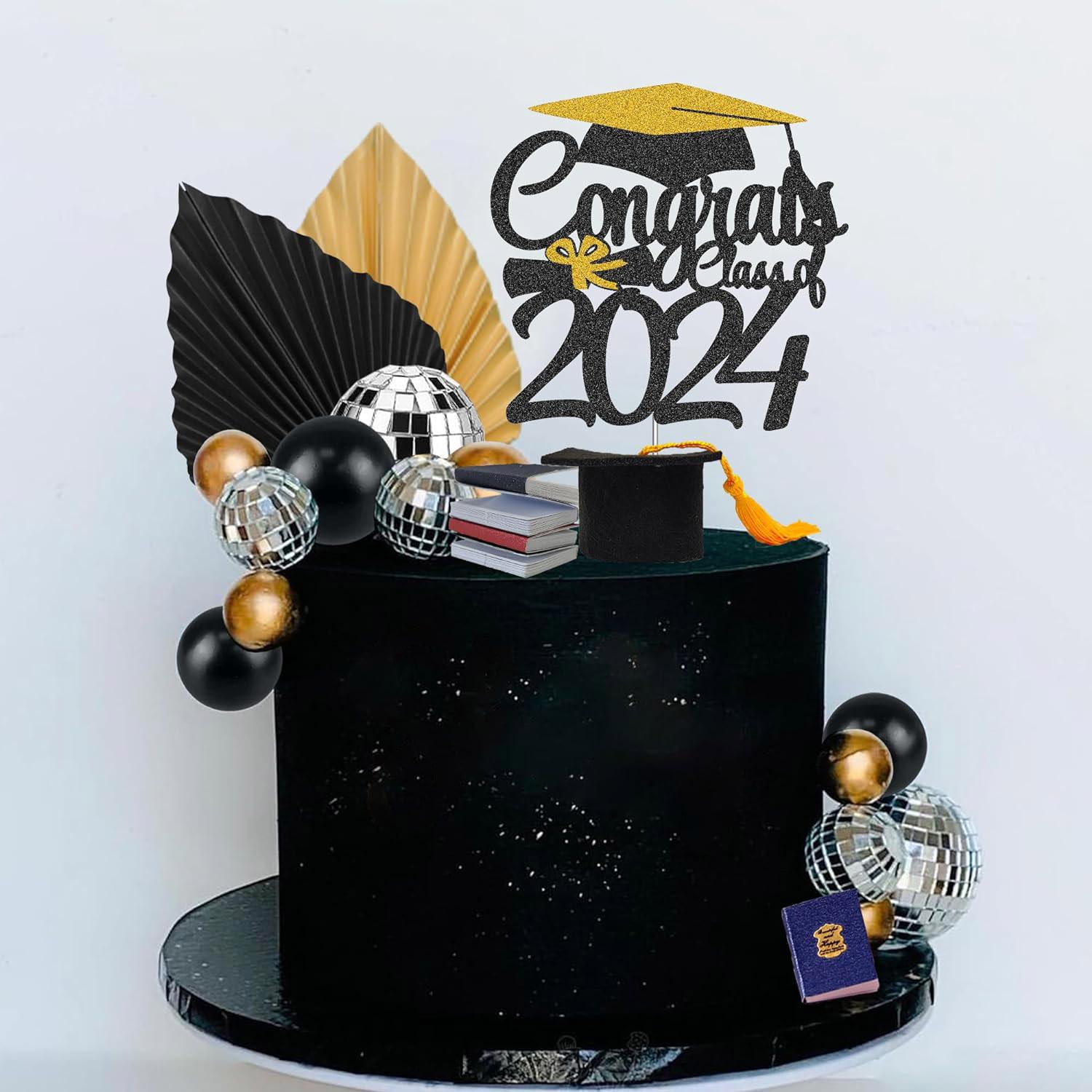

Graduate Cake Toppers Mirror Black Golden White Ball Cake Toppers Books Congrats Decoration for 2025 High School College Senior