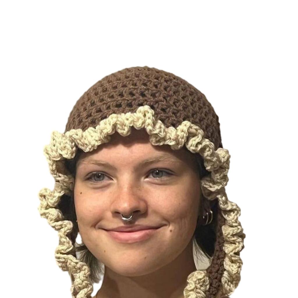 Knit Hollow Hat for Women Handmade Beanie Hat Girl Sun Protections Cap Fashion Ruffle Edge Hat Teens Fashion Headwear